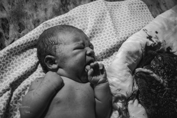 Black and white photo of Newborn laying on patterned blanket.  Baby is bringing hand to her mouth.  Attached placenta and umbilical cord can be seen next to baby. 